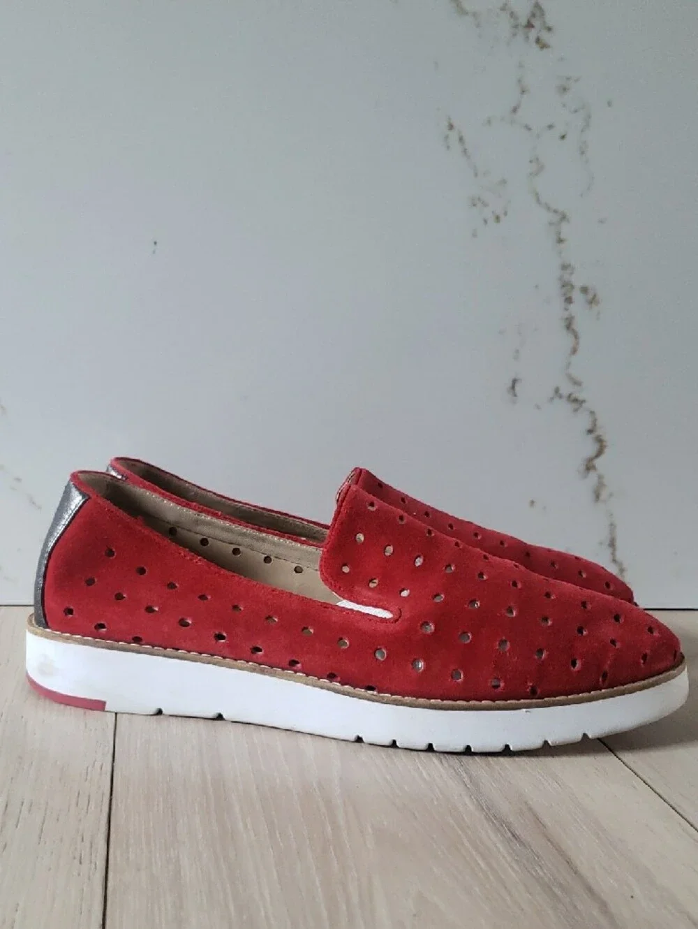 Johnston & Murphy Red Suede Perforated Slip-On Loafers‎
